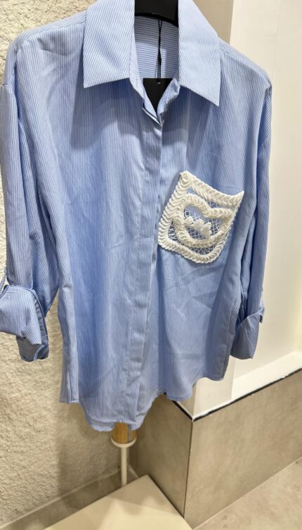 Mavi Ekru Çizgili Oversize Gömlek