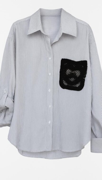 Ekru Siyah Çizgili Oversize Gömlek