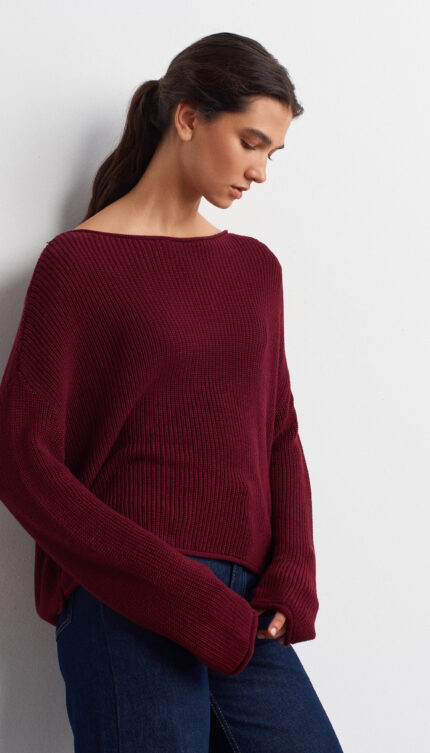 Kayık Yaka Dökümlü Triko Kazak-Bordo