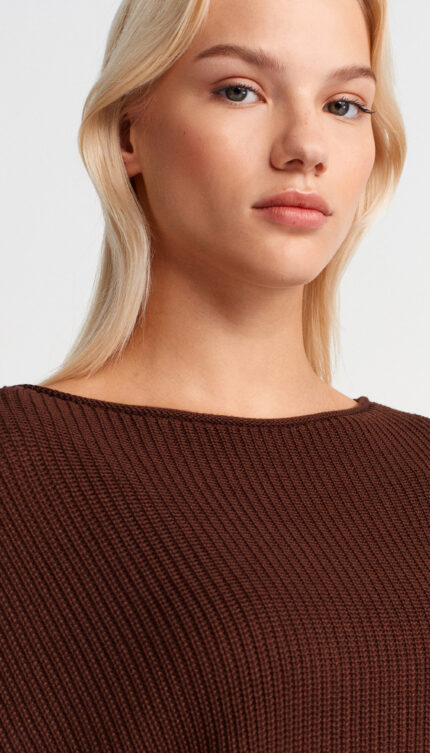 Kayık Yaka Dökümlü Triko Kazak-Kahve