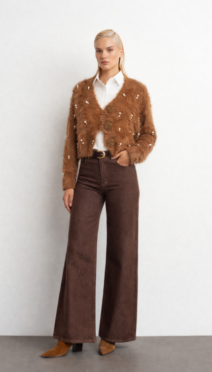 V Yaka Düğmeli Hırka Taba