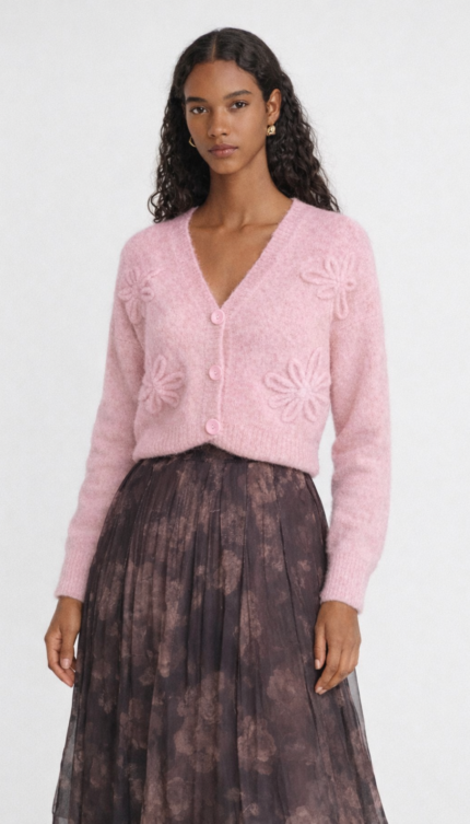 V Yaka Düğmeli Triko Hırka Pembe